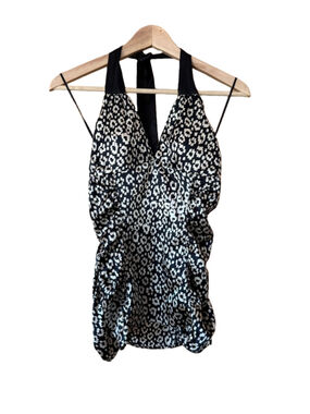 Guess Stretch Black & Cream Abstract Print Halter Top size large